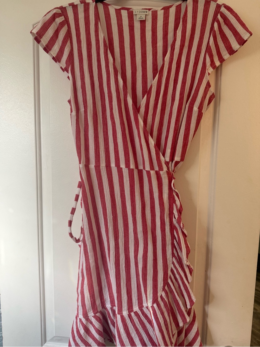 J. Crew Red and White Vertical Stripe Wrap Midi Dress